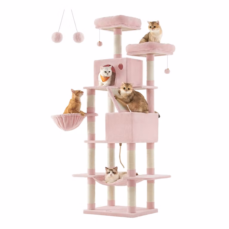 Árbol para gatos Feandrea de 206 cm con cueva, hamaca y juguetes integrados en color rosa