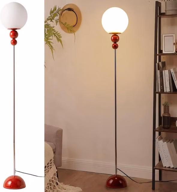 Lámpara de pie multibola ALPINALUZ de metal rojo y cromo con esferas de vidrio blanco, diseño mid-century, casquillo E27, Altura: 160 cm