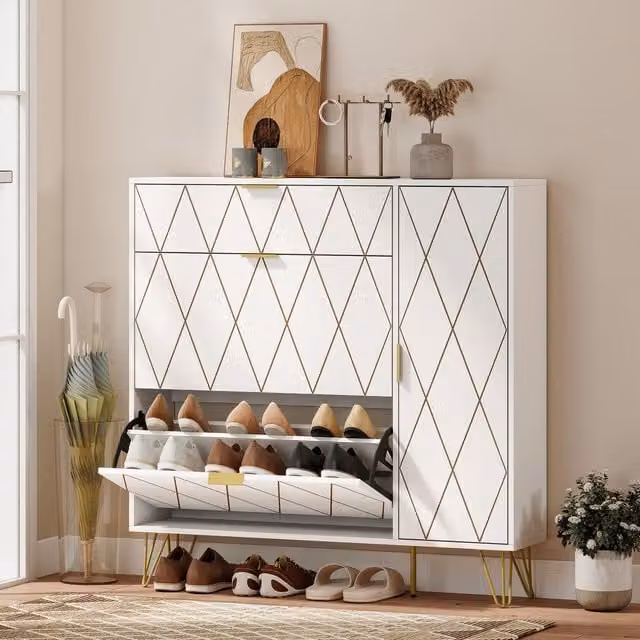 Zapatero moderno Homcom en color blanco y detalles dorados con compartimentos basculantes y estantes internos, An/P/Al: 110 x 25 x 110,6 cm