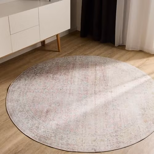 Alfombra Benuta Basic George de estilo vintage y diseño abstracto, lavable y antideslizante, color beige y rosa, Diámetro: 160 cm