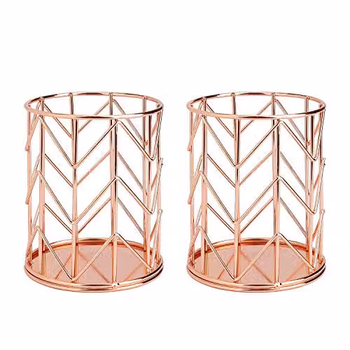 Set de 2 portalápices de metal MengH-SHOP con diseño de ondas en color oro rosa y rosa