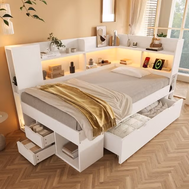 Sofá Cama Juvenil Kellany Blanco con Iluminación LED, Puertos USB y Tipo C, Estantes y Cajones, An/P/Al: 90 x 200 x 79,3 cm
