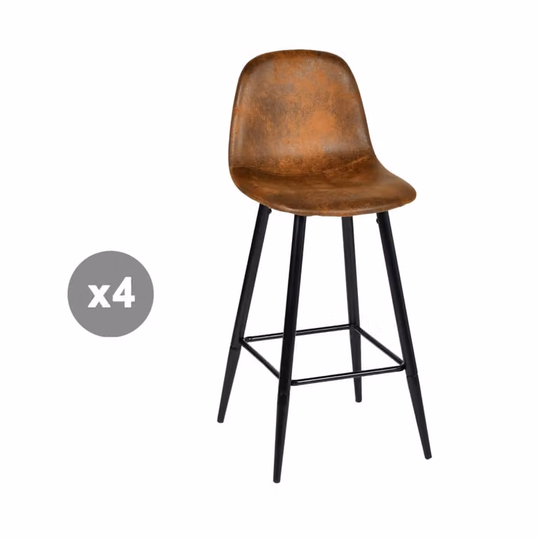 Juego de 4 taburetes de bar de estilo industrial Meubles Cosy en ante marrón con reposapiés y estructura de metal y madera