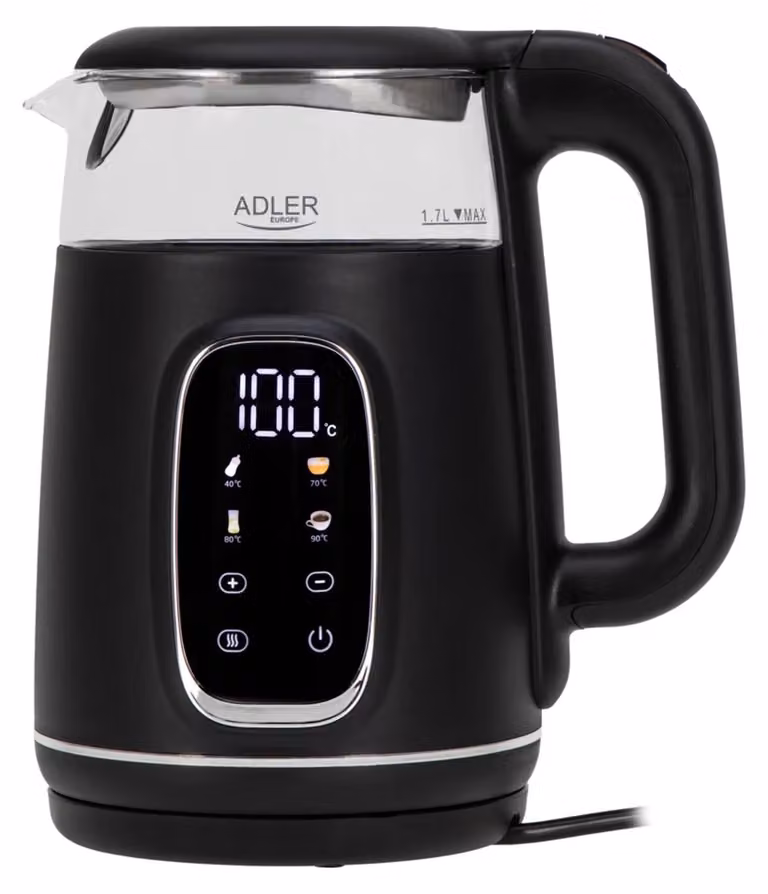 Hervidor eléctrico Adler AD 1305 en color plata con acabados en acero inoxidable, vidrio y plástico