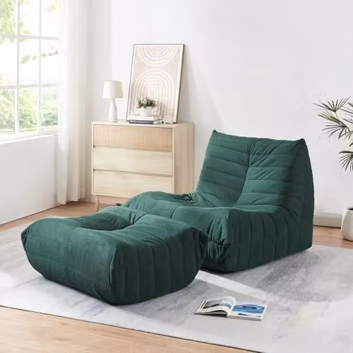 Sillón de suelo con reposapiés en pana en.casa Kodsø verde An/P/Al: 75 x 90 x 100 cm