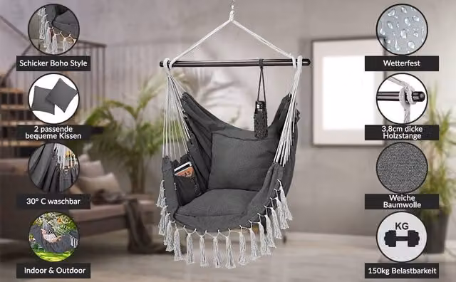 Silla colgante NORTHIX con cojines, diseño boho de ratán y madera con estructura de madera dura tratada, giro de 360 grados y resistencia a los rayos UV, color gris multicolor