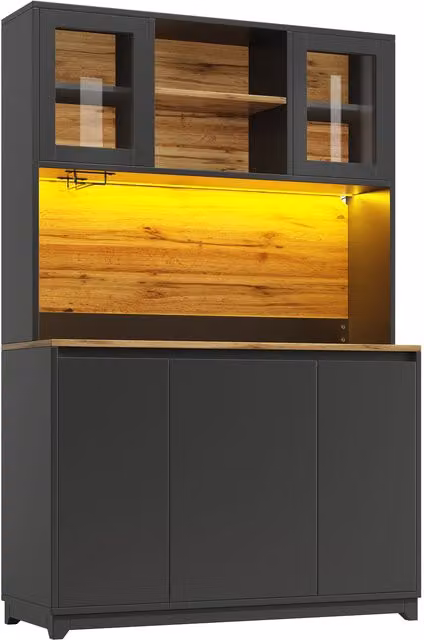 Aparador de cocina alto Stilvora en negro con estantes abiertos, puertas de acrílico, iluminación LED y compartimento para cubiertos, An/P/Al: 120 x 40 x 180 cm