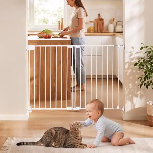 Barrera de seguridad VEVOR para niños y mascotas, puerta extensible de metal para escaleras y dormitorios, color blanco, An/P/Al: 67 x 108 x 71,5 cm