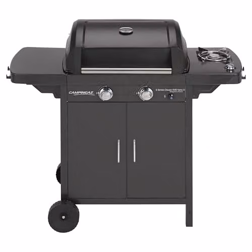 Barbacoa de gas Campingaz 2 Series Classic EXS Vario en negro y gris con quemador lateral, rejilla de calentamiento, termómetro y ruedas