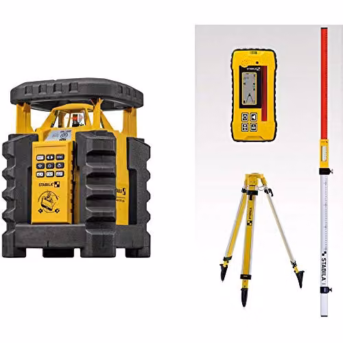 Nivel roto-láser Stabila SET LAR 350 con trípode y regla de nivelación en color negro y amarillo