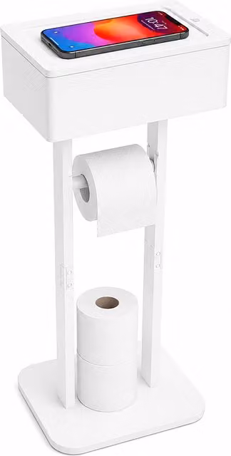 Portarrollos de papel higiénico de pie con reserva, caja para toallitas y bandeja de relaxdays en bambú natural y MDF blanco, An/P/Al: 64,5 x 25 x 20 cm
