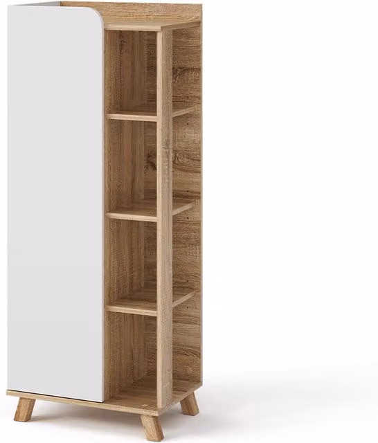 Armario mediano Vicco Karen en sonoma y blanco con puertas y compartimentos abiertos An/P/Al: 50 x 27,45 x 128 cm