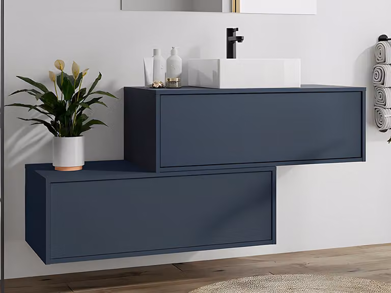 Mueble de baño suspendido TEANA II de Vente-Unique con lavabo sencillo y dos cajones en azul y blanco, An: 94 cm