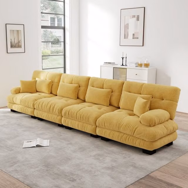 Sofá Esquinero Modular de 4 Plazas KELLANY con Función de Sofá Cama, Tapizado en Chenilla, Color Amarillo