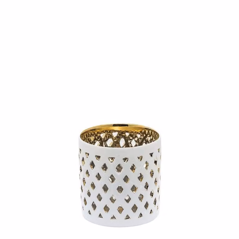 Portavelas de mesa Sia Deco con diseño geométrico de rombos en vidrio blanco y dorado para tealight, Altura: 7 cm