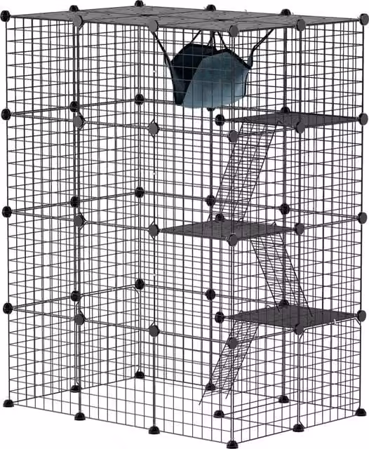 Jaula para gatos de interior PawHut con 4 niveles, 5 puertas, 3 plataformas, rampas y hamaca, color negro, An/P/Al: 105 x 70 x 140 cm