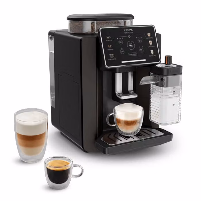 Cafetera superautomática Moulinex Sensation Milk en negro con jarra de leche y tecnología Milk Maestro para 6 tipos de bebidas de café y café con leche
