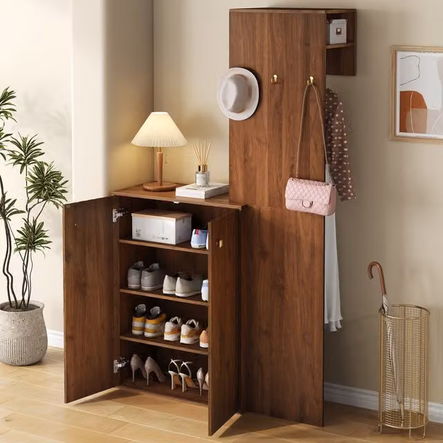 Conjunto de entrada OKWISH con mueble para zapatos, perchero y barra en color marrón mate, diseño moderno de madera, MDF y metal, An/P/Al: 115 x 38,5 x 191,5 cm
