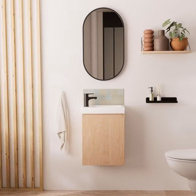 Conjunto de mueble de baño moderno con espejo ovalado y grifo negro en colores blanco, beige o negro