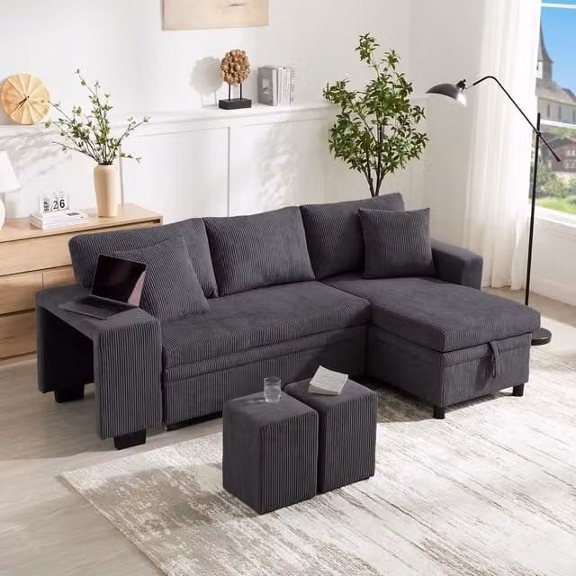 Sofá Cama en L DREAMMESPACE de 3-4 Plazas con Puerto de Carga USB y Cojines, Tapizado en Pana Gris, An/P/Al: 231 x 131,5 x 84 cm