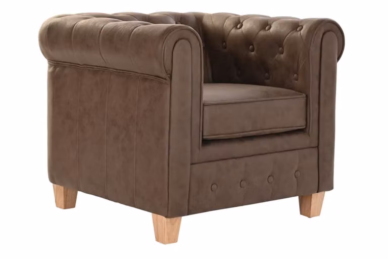 Sillón Chesterfield de la marca Fijalo en color marrón con estructura de madera sólida y tapizado de tela, An/P/Al: 80 x 80 x 70 cm