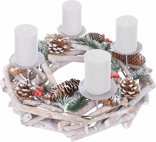 Corona de Adviento Redonda HHG de Madera para Mesa, Decoración Navideña con Velas, Blanco y Gris, Diámetro: 35 cm