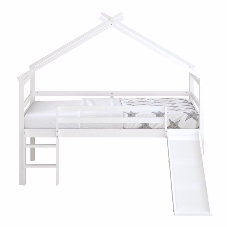 Cama infantil Sunny de madera de pino con estructura de casa y tobogán en color blanco An/P/Al: 213 x 186 x 183 cm