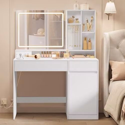 Tocador VASAGLE con luces LED y regleta de enchufes, mesa de maquillaje con cajones y joyero, blanco, An: 110 cm, P: 40 cm, Al: 75 cm