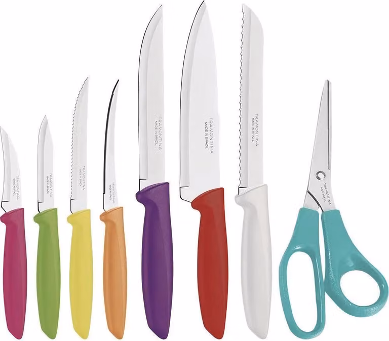 Conjunto de 8 piezas de cuchillos de cocina y tijeras Tramontina Plenus en acero inoxidable y plástico multicolor