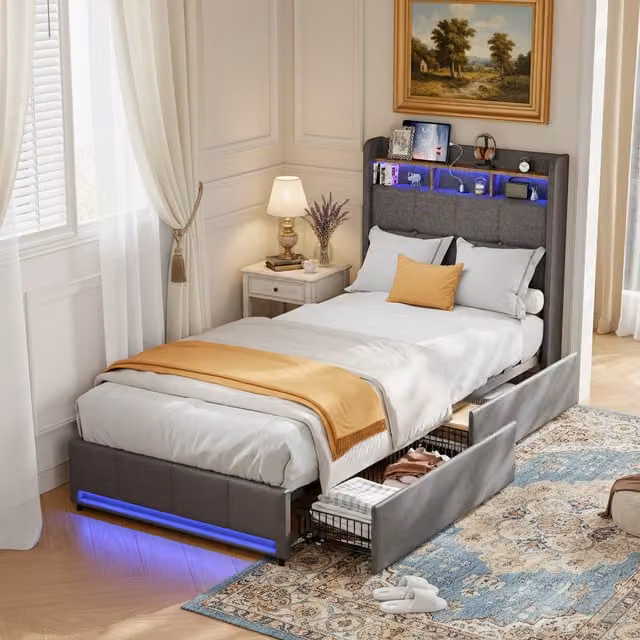Cama Individual NAHILIMI con Almacenaje, 2 Cajones, Cabecero Tapizado con Iluminación LED y Puertos USB/USB-C, Somier de Lamas, Gris, 90x200 cm