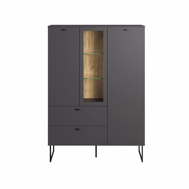 Aparador alto Calicosy de roble con 2 puertas, 2 cajones y hueco abierto en color gris antracita An/P/Al: 100 x 42 x 140 cm