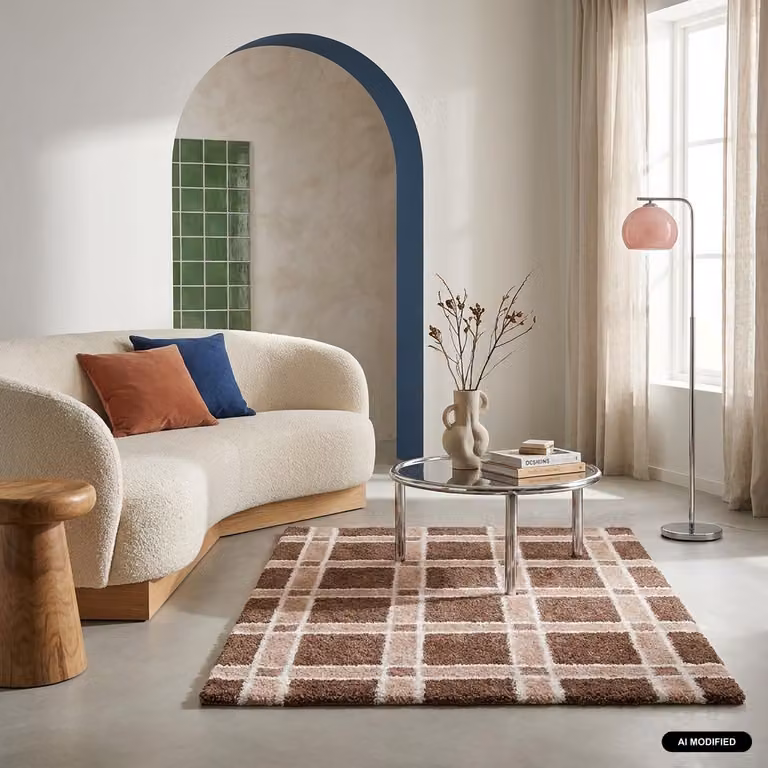 Alfombra interior moderna de cuadros Sweeek en marrón y rosa, An/P: 160 x 76,2 cm
