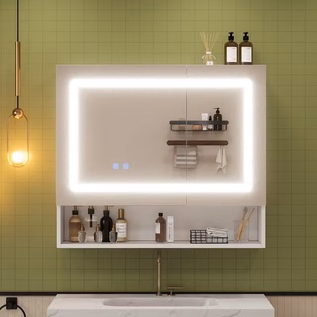 Espejo de baño con iluminación LED y función antivaho MODFU, con 2 puertas y estante, color blanco, An/P/Al: 80 x 17 x 70 cm