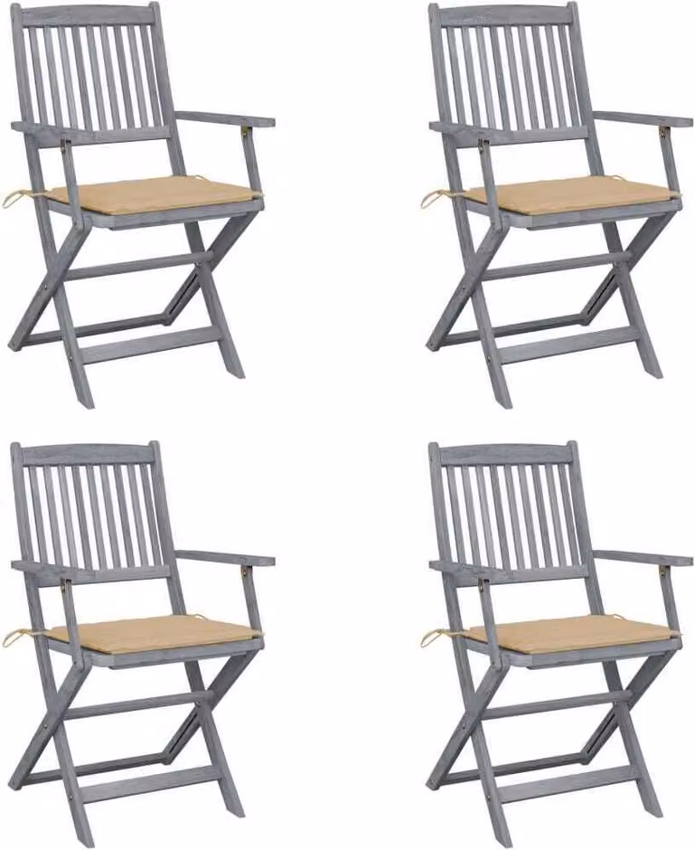 Set de 4 sillas de jardín plegables Syfax de madera de acacia con cojines en gris y beige