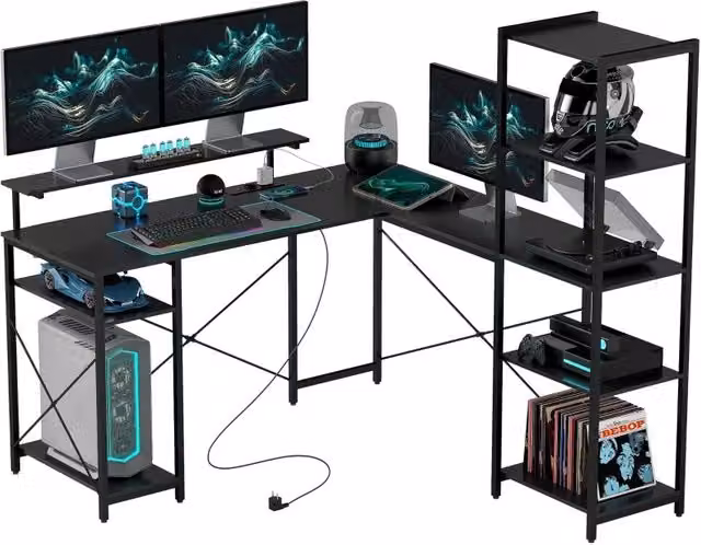 Escritorio de esquina RETROK en forma de L con 6 estantes, soporte para monitor, puerto USB y toma de corriente, color negro, An/P/Al: 137 x 140 x 139,5 cm