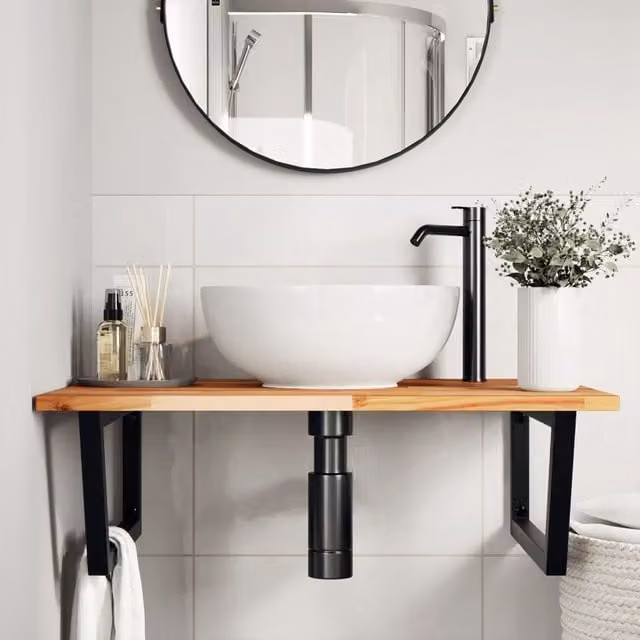 Estante de lavabo de pared SYFAX en madera de acacia aceitada y metal negro y marrón