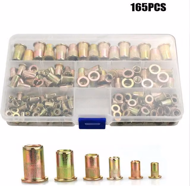 Set de 166 Tuercas Remachables y de Insertos Roscados DPZO de Acero al Carbono Cincado en Color Plata (M3, M4, M5, M6, M8, M10, M12)