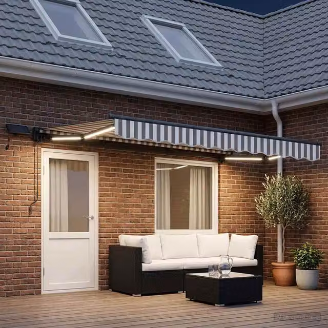 Toldo manual Maison Exclusive con LEDs en gris claro y blanco, An/P: 400 x 300 cm
