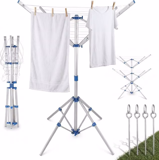 Tendedero giratorio portátil y plegable Monzana con 4 brazos y 4 pies en color azul y plata, ajustable en altura y con estaca para suelo