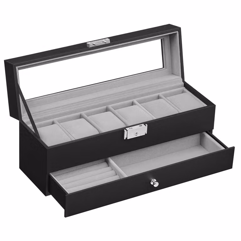 Caja de relojes Songmics con tapa de cristal y 2 niveles para 6 relojes, color negro y gris con 1 cajón y cerradura
