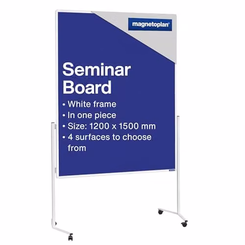Pizarra moderadora móvil Magnetoplan de una pieza con fieltro azul y marco de aluminio blanco, An/Al: 120 x 150 cm