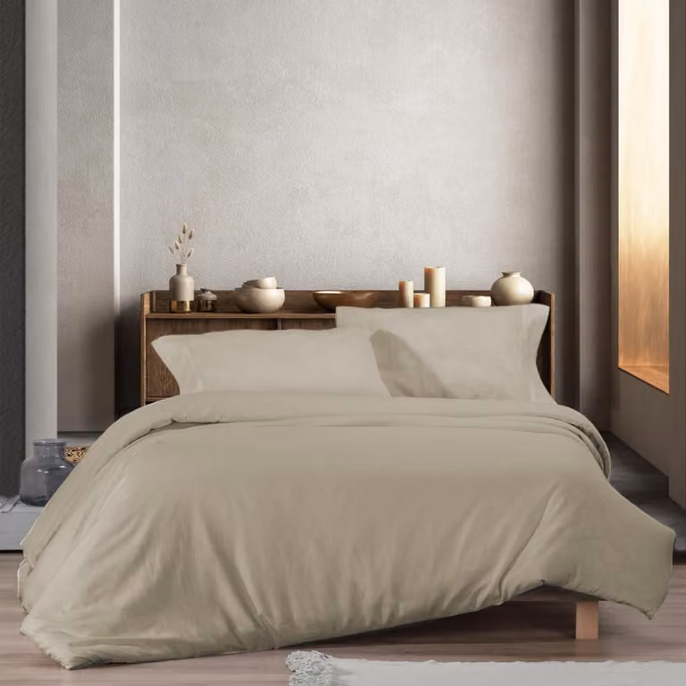 Juego de funda nórdica, sábana bajera y fundas de almohada Manterol de lino y algodón en color beige para cama de 200x200 cm