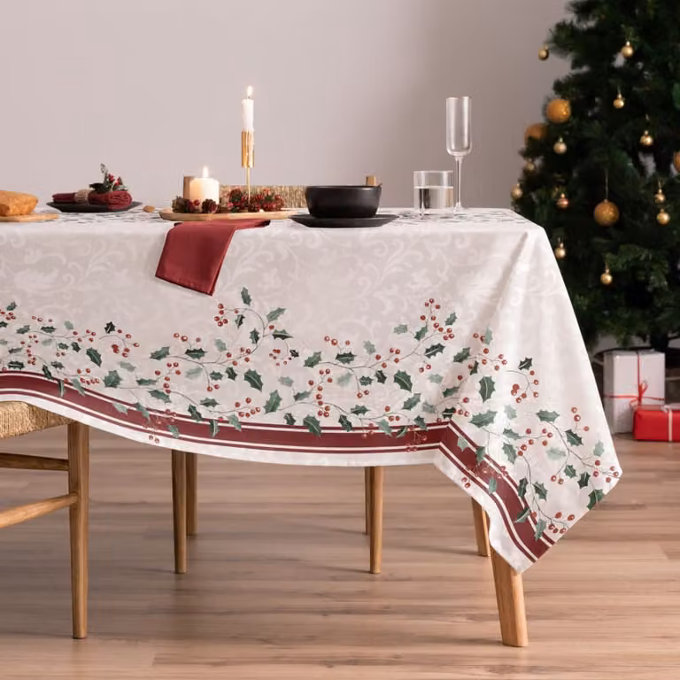 Mantel de Navidad de Algodón con Diseño Floral en Multicolor y Blanco, Repelente al Agua y a las Manchas, Rectangular, An/P: 155 x 350 cm