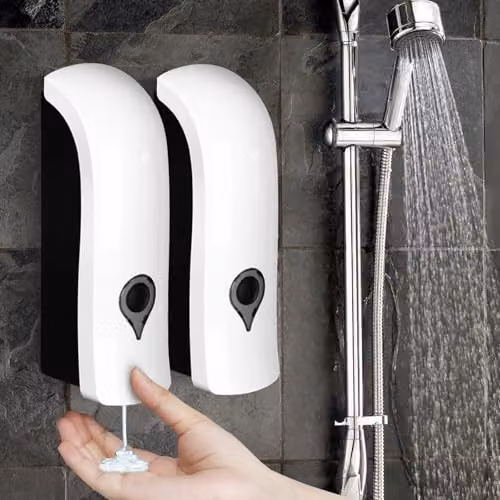 Set de 2 dispensadores de jabón de pared BORDEAG de 300 ml, recargables y sin taladrar, color blanco