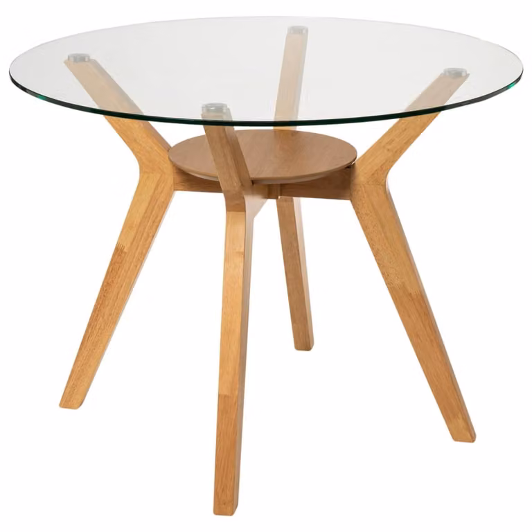 Mesa de comedor redonda Laos de KOKETTO HOME en roble con tapa de cristal transparente de 100 cm de diámetro