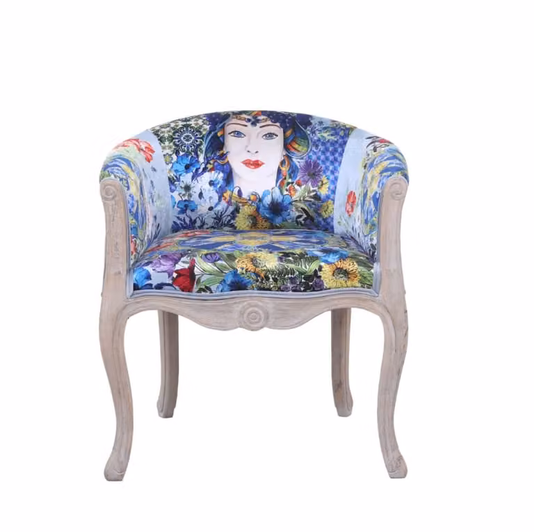 Sillón de terciopelo Mathi Design con estampado abstracto en tonos azules y estructura de madera sólida, estilo retro, An/P/Al: 71 x 61 x 61 cm