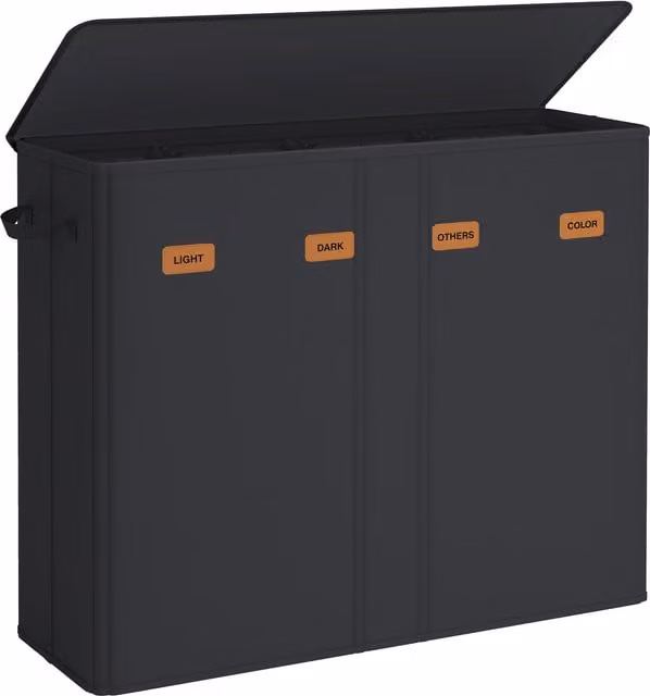 Cesto de ropa sucia SONGMICS con 4 compartimentos, tapa, bolsas extraíbles y etiquetas, negro, 210 l