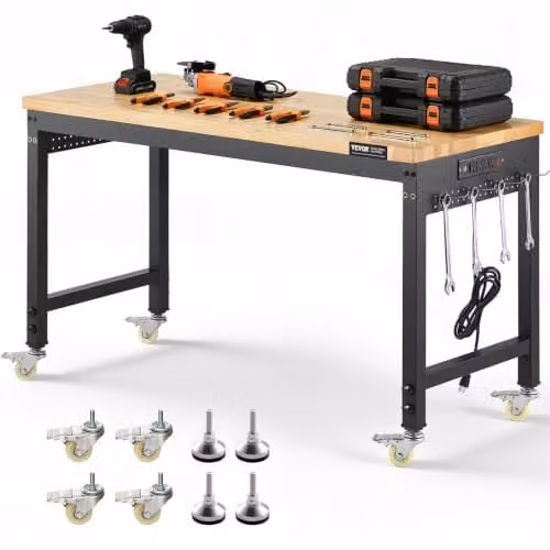 Banco de trabajo ajustable VEVOR con tablero de roble, panel perforado, toma de corriente y ruedas, capacidad de carga de 907,2 kg, An: 122 cm, P: 61 cm, Al: 96,52 cm