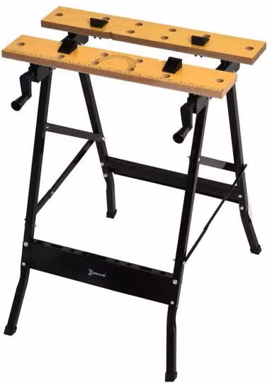 Banco de trabajo plegable Durhand con abrazaderas, madera MDF y metal, color marrón y negro, An/P/Al: 60,5 x 62,5 x 78,5 cm