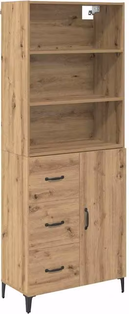 Aparador alto SYFAX de roble marrón con cajón y puertas, estilo moderno para salón, An/P/Al: 69,5 x 34 x 180 cm